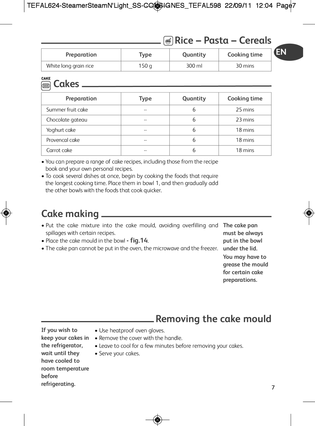 Tefal VC300860, VC300810, VC300831, VC300830 Rice Pasta Cereals, Cakes, Removing the cake mould ET, Cake making, Preparation 