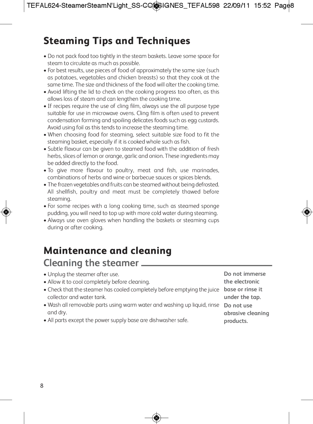 Tefal VC300810, VC300860, VC300831, VC300830 Steaming Tips and Techniques, Maintenance and cleaning, Cleaning the steamer 