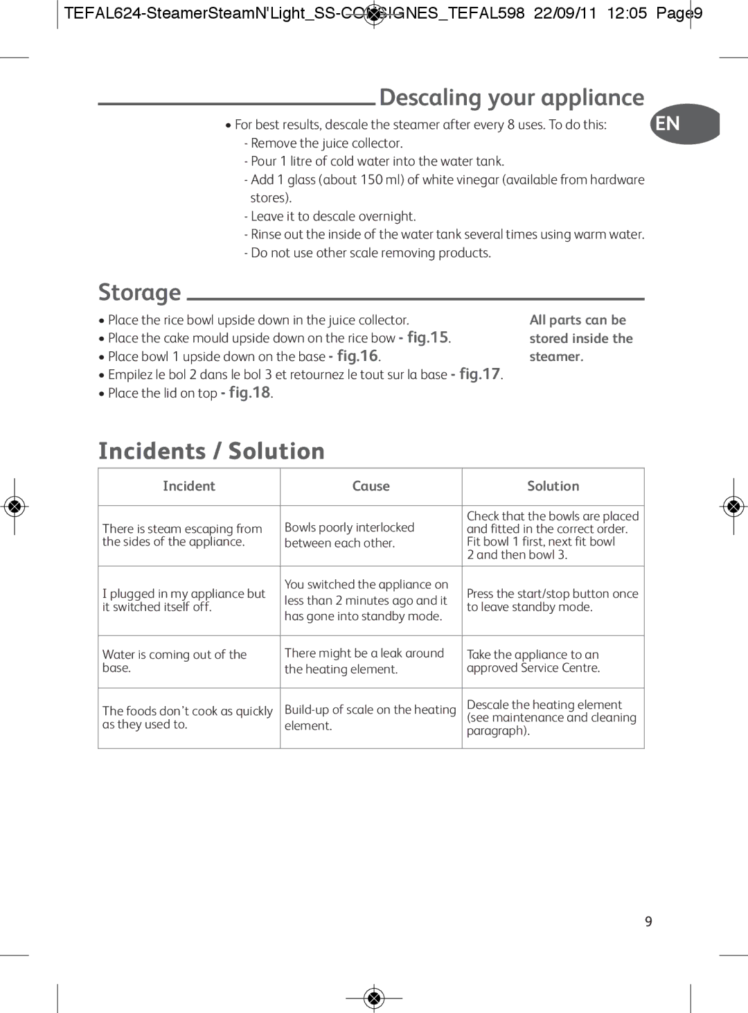 Tefal VC300831, VC300860 manual Descaling your appliance, Storage, Incidents / Solution, Steamer, Incident Cause Solution 
