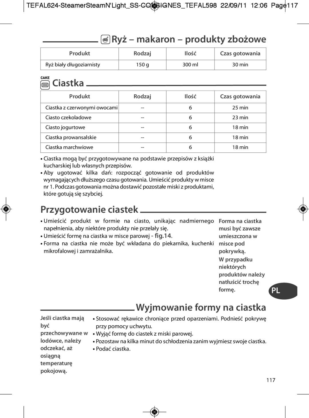 Tefal VC300860, VC300810 manual Ciastka, Przygotowanie ciastek, Wyjmowanie formy na ciastka, Ryż makaron produkty zbożowe 