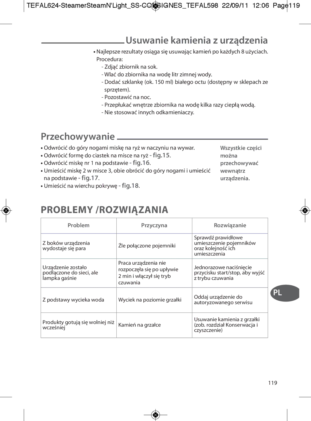 Tefal VC300831, VC300860, VC300810, VC300830, VC300865 manual Usuwanie kamienia z urządzenia, Przechowywanie 