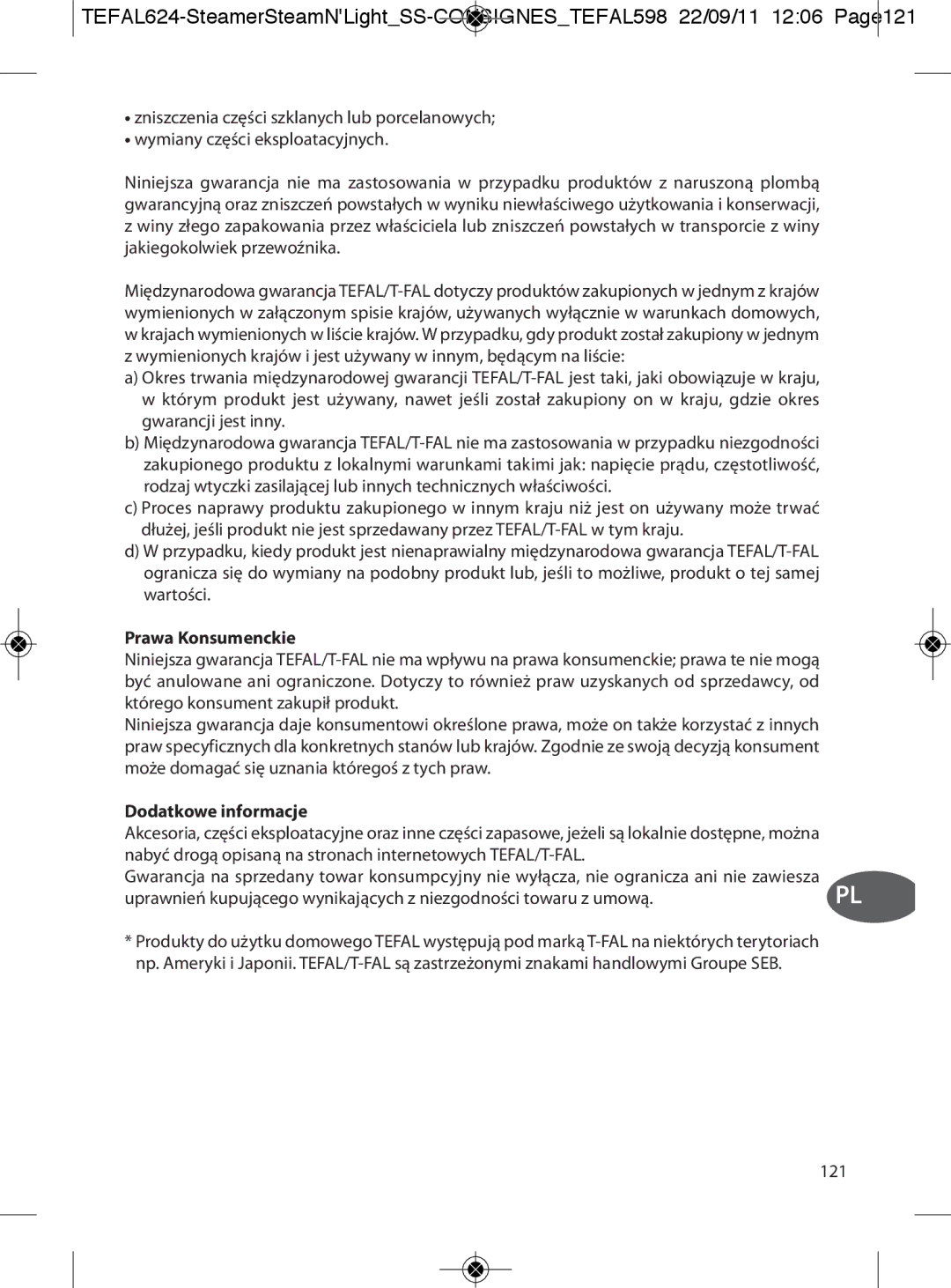 Tefal VC300865, VC300860, VC300810, VC300831, VC300830 manual Prawa Konsumenckie, Dodatkowe informacje 