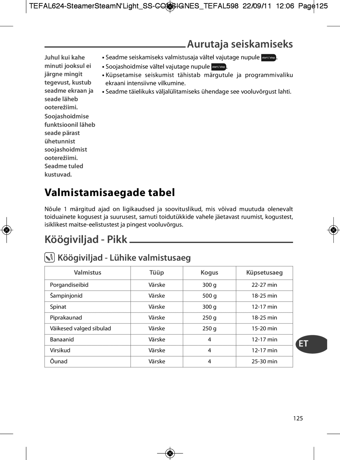 Tefal VC300830, VC300860, VC300810 manual Aurutaja seiskamiseks, Valmistamisaegade tabel, Köögiviljad Pikk, Valmistus Tüüp 