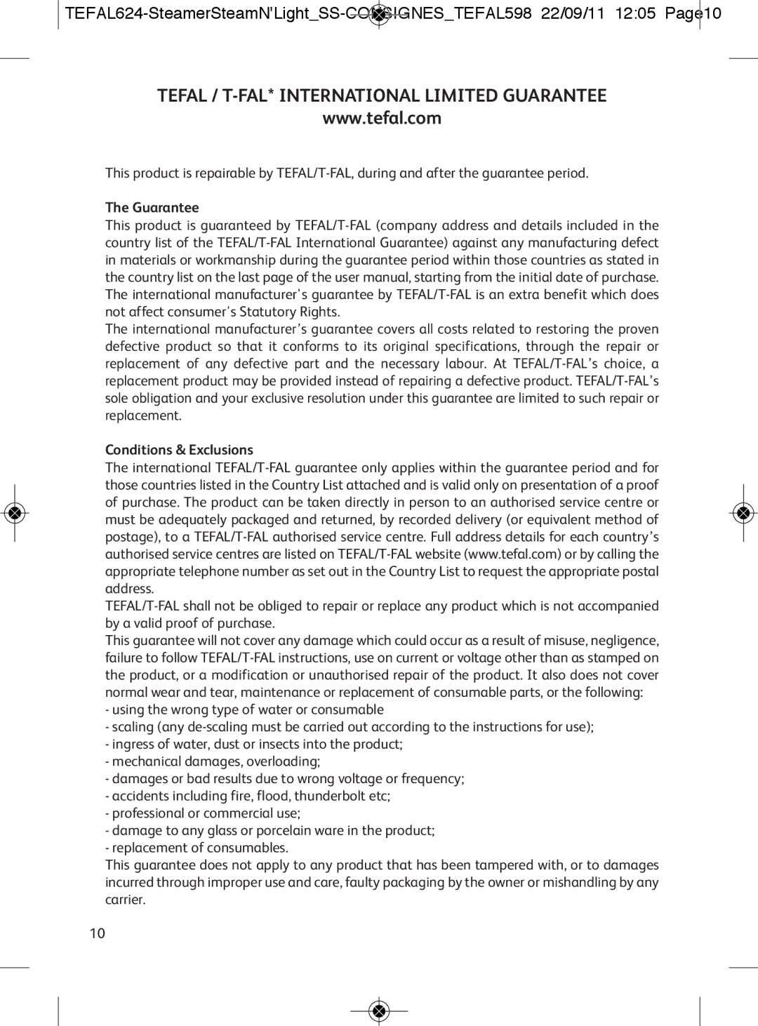 Tefal VC300830, VC300860, VC300810, VC300831 manual Tefal / T-FAL* International Limited Guarantee, Conditions & Exclusions 