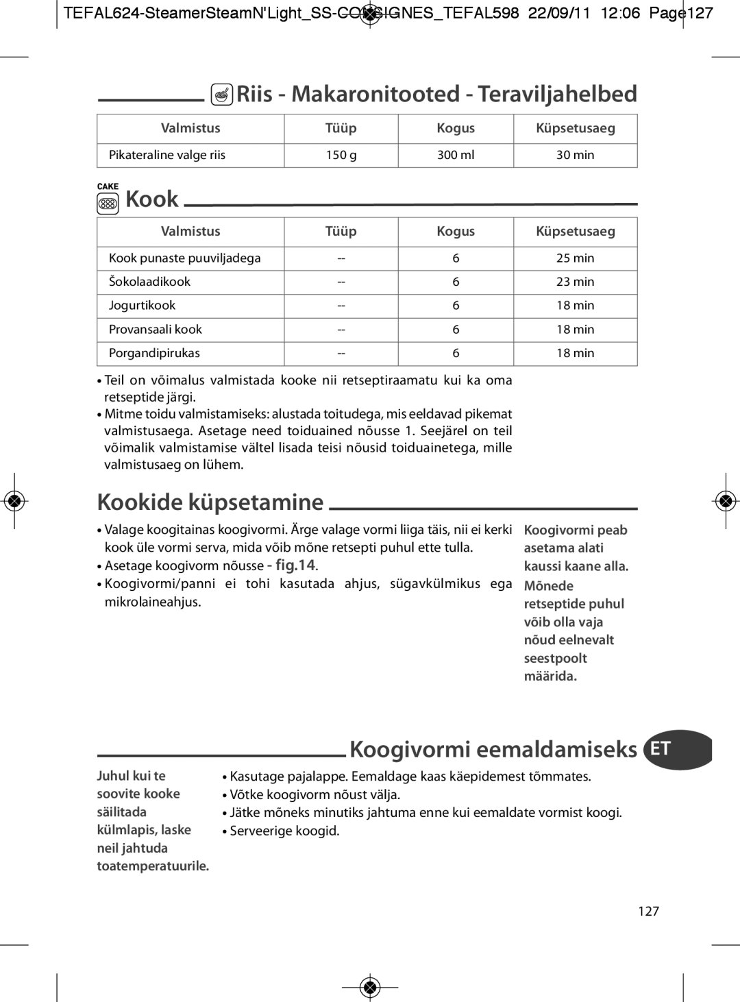 Tefal VC300860, VC300810 manual Kookide küpsetamine, Koogivormi eemaldamiseks ET, Riis Makaronitooted Teraviljahelbed 