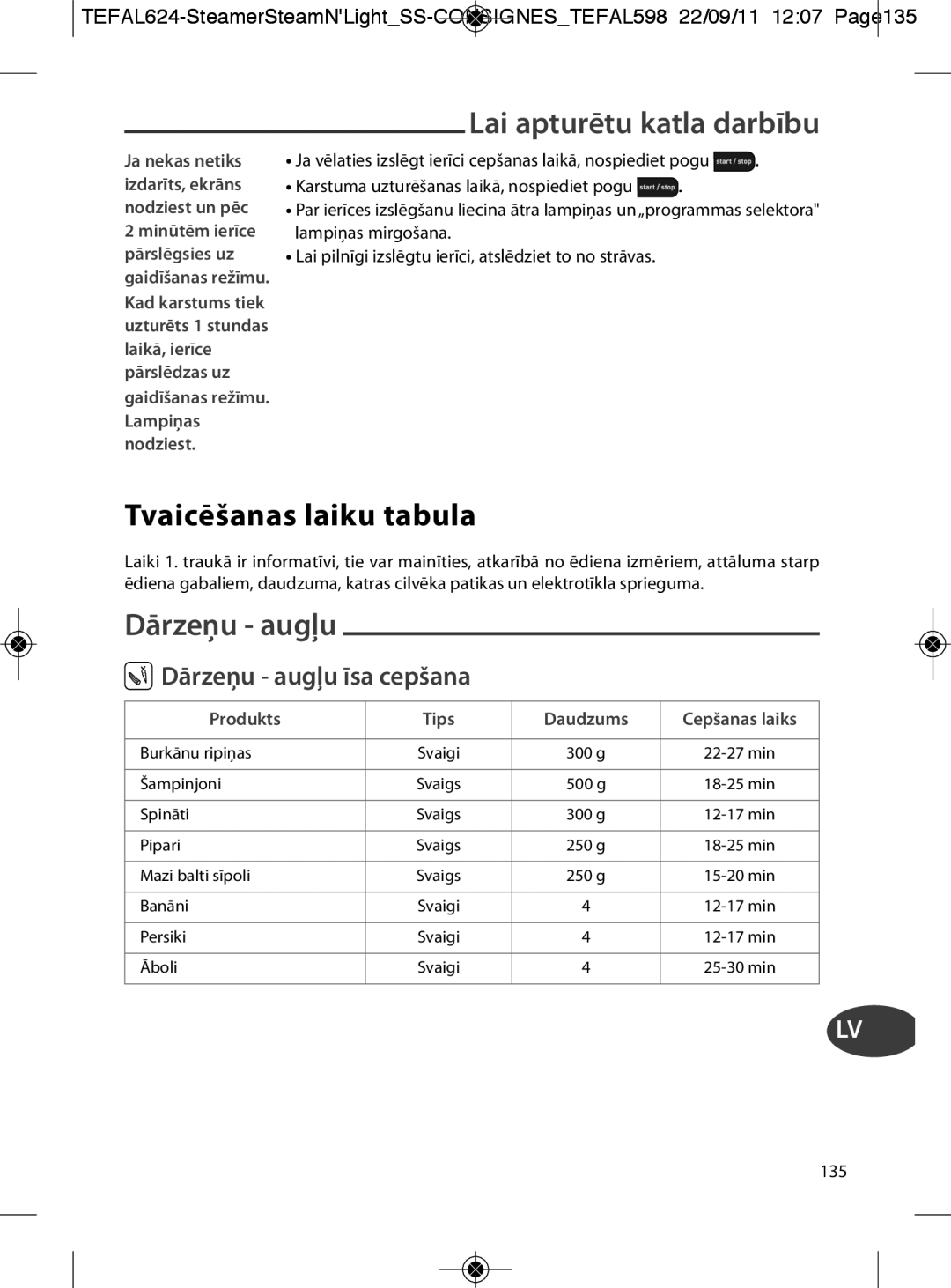 Tefal VC300830, VC300860, VC300810 manual Tvaicēšanas laiku tabula, Lai apturētu katla darbību, Dārzeņu augļu īsa cepšana 