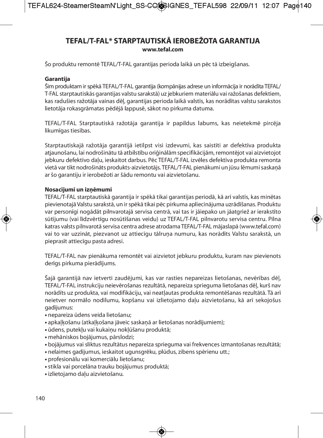 Tefal VC300830, VC300860, VC300810, VC300831 manual TEFAL/T-FAL* Starptautiskā Ierobežota Garantija, Nosacījumi un izņēmumi 