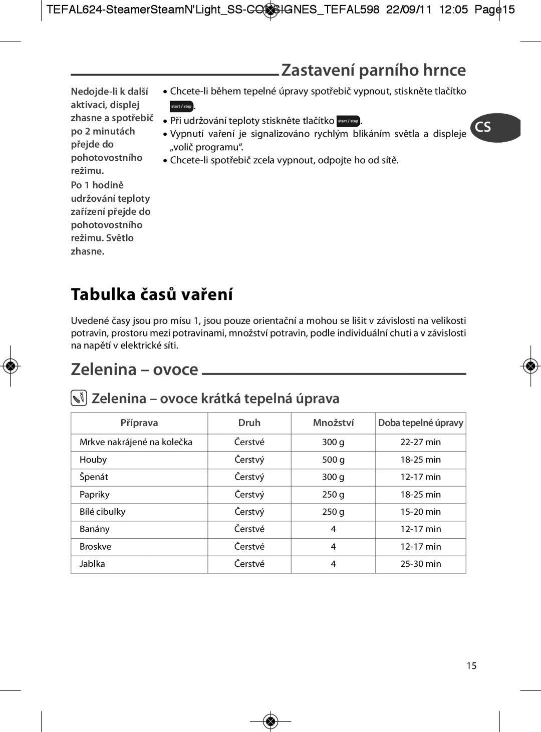 Tefal VC300830, VC300860 Tabulka časů vaření, Zastavení parního hrnce, Zelenina ovoce krátká tepelná úprava, Příprava 