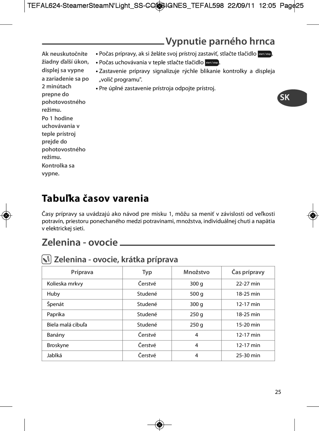 Tefal VC300830, VC300860, VC300810, VC300831 manual Vypnutie parného hrnca, Tabuľka časov varenia, Zelenina ovocie, Príprava 