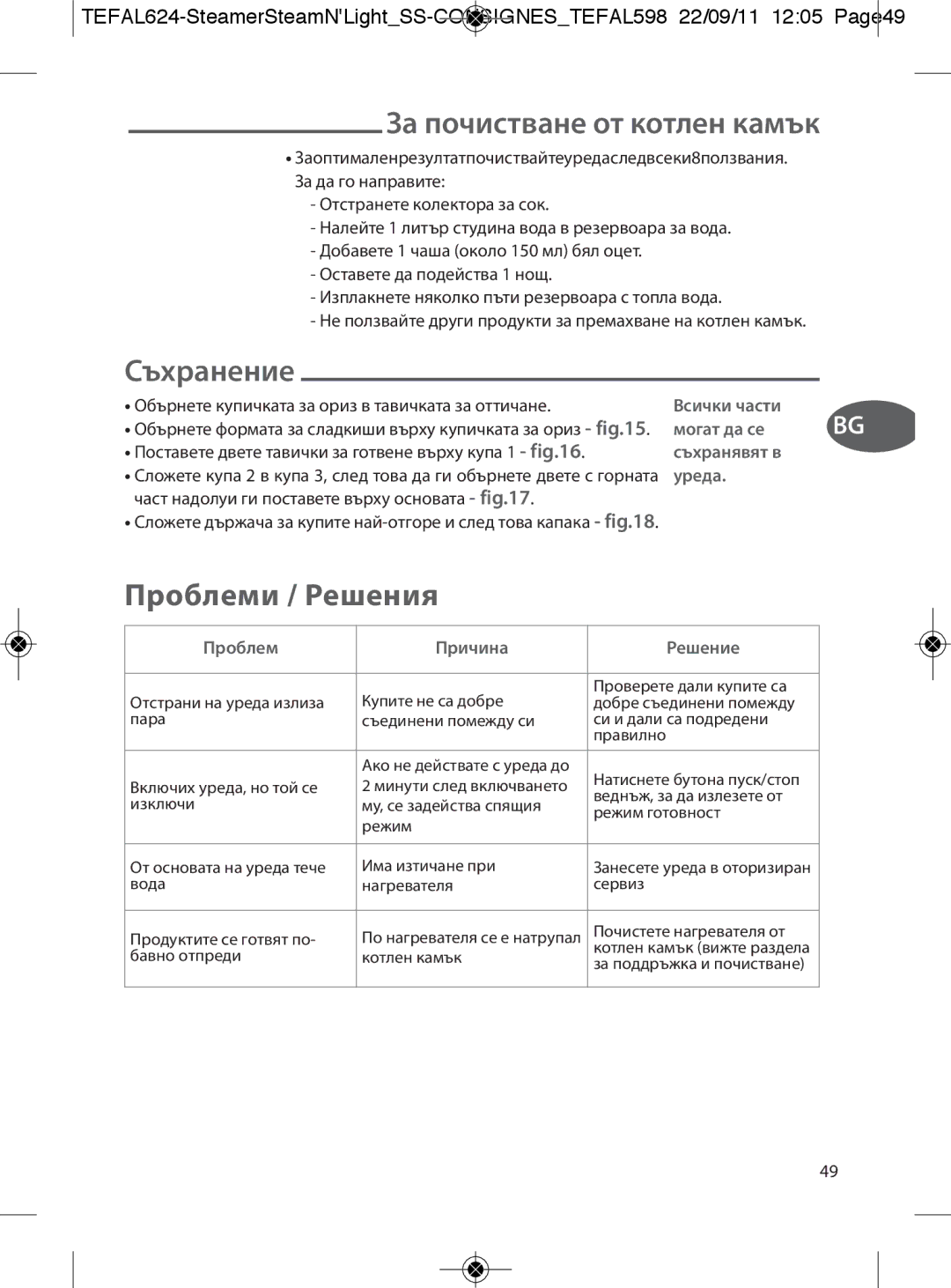 Tefal VC300831, VC300860, VC300810, VC300830, VC300865 manual За почистване от котлен камък, Съхранение, Проблеми / Решения 