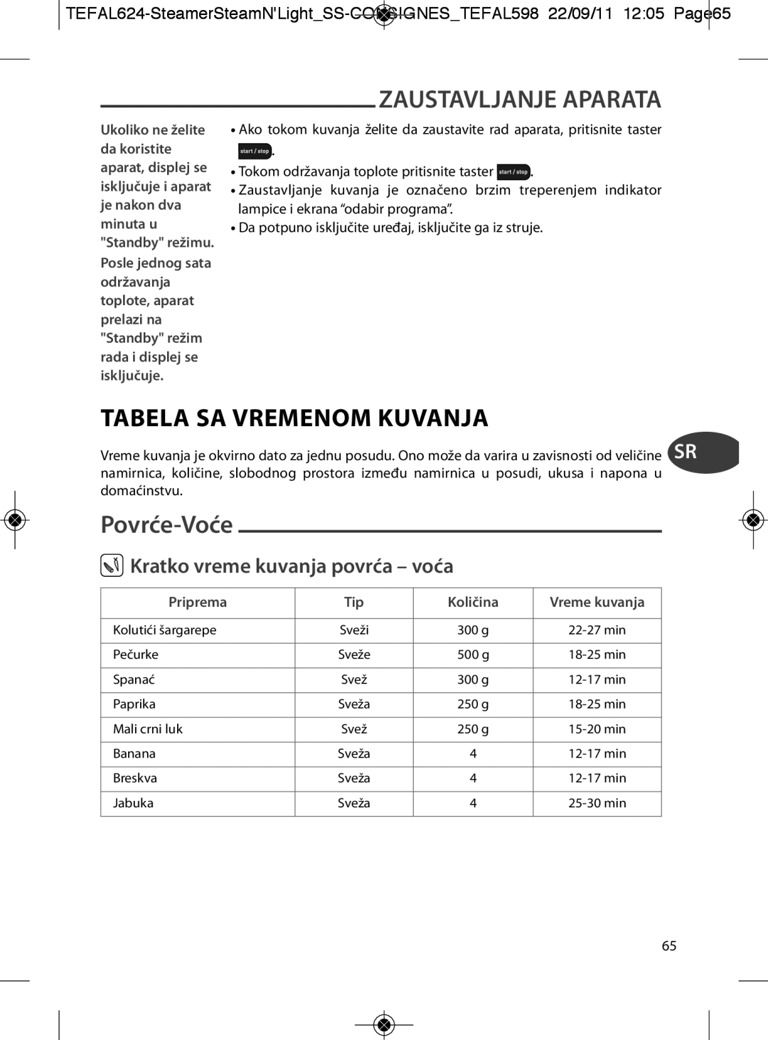 Tefal VC300830, VC300860, VC300810, VC300831 manual Povrće-Voće, Kratko vreme kuvanja povrća voća, Ukoliko ne želite, Priprema 