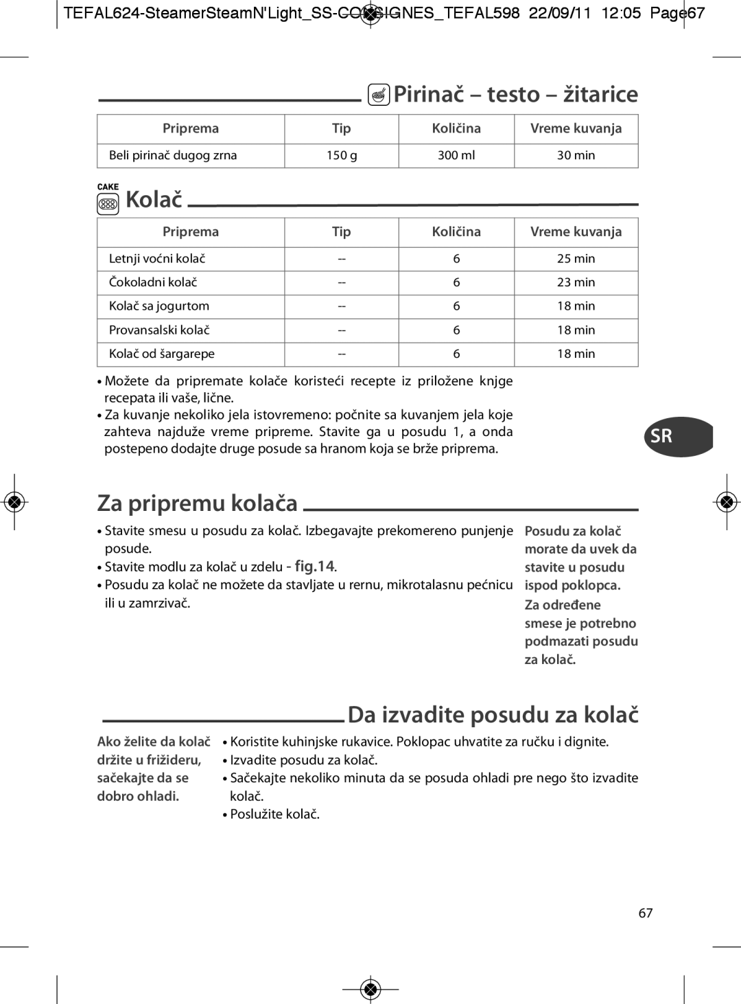 Tefal VC300860, VC300810, VC300831, VC300830 Pirinač testo žitarice, Kolač, Za pripremu kolača, Da izvadite posudu za kolač 