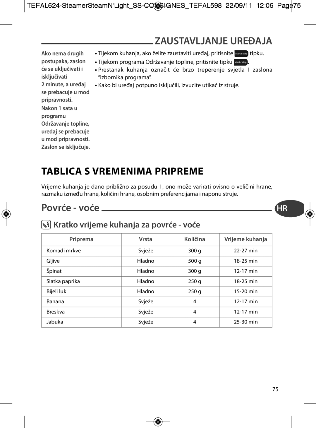 Tefal VC300830, VC300860, VC300810, VC300831, VC300865 manual Povrće voće, Kratko vrijeme kuhanja za povrće voće 