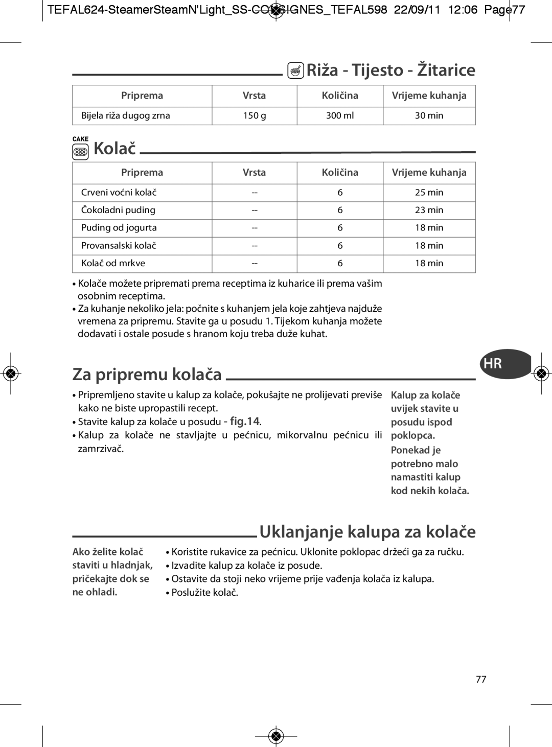 Tefal VC300860, VC300810, VC300831, VC300830, VC300865 manual Riža Tijesto Žitarice, Ako želite kolač 