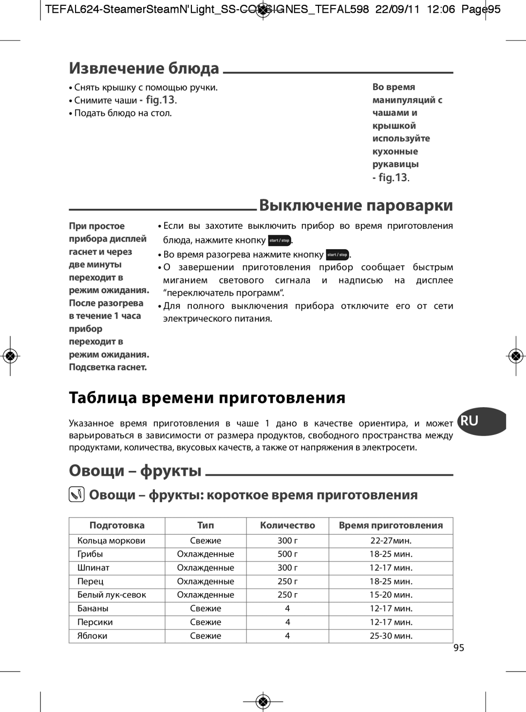 Tefal VC300830, VC300860, VC300810 manual Извлечение блюда, Выключение пароварки, Таблица времени приготовления, Овощи фрукты 