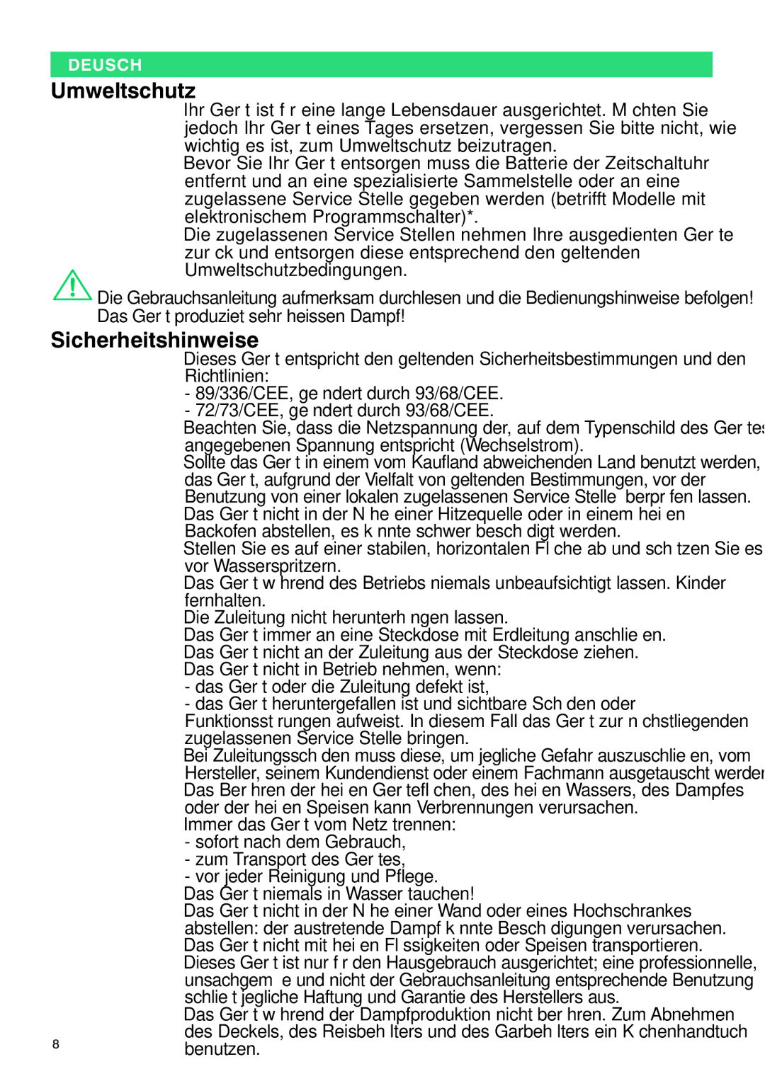 Tefal VC400716, VC400770, VC400715 manual Umweltschutz, Sicherheitshinweise 