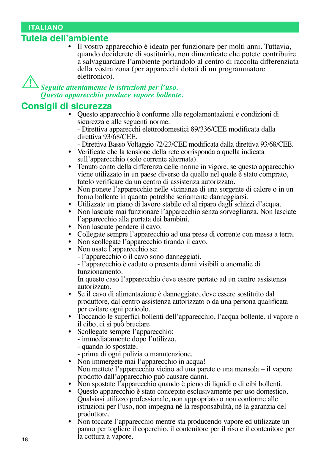 Tefal VC400715, VC400770, VC400716 manual Tutela dell’ambiente, Consigli di sicurezza 