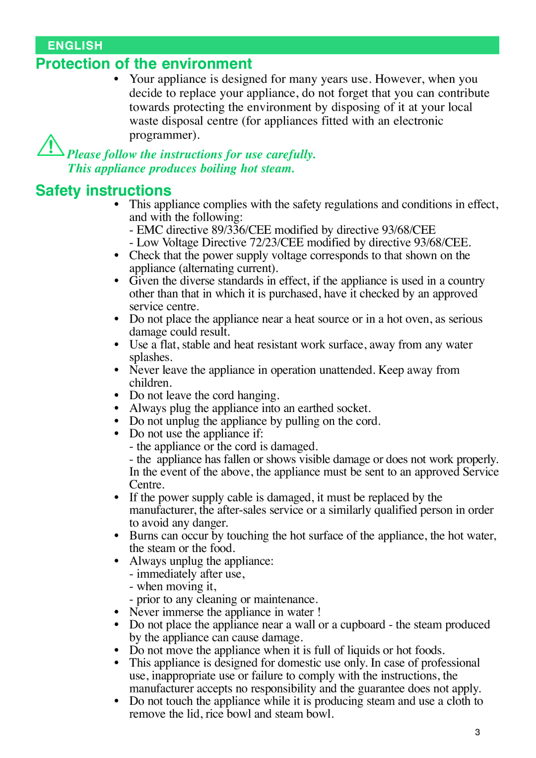 Tefal VC400715, VC400770, VC400716 manual Protection of the environment, Safety instructions 