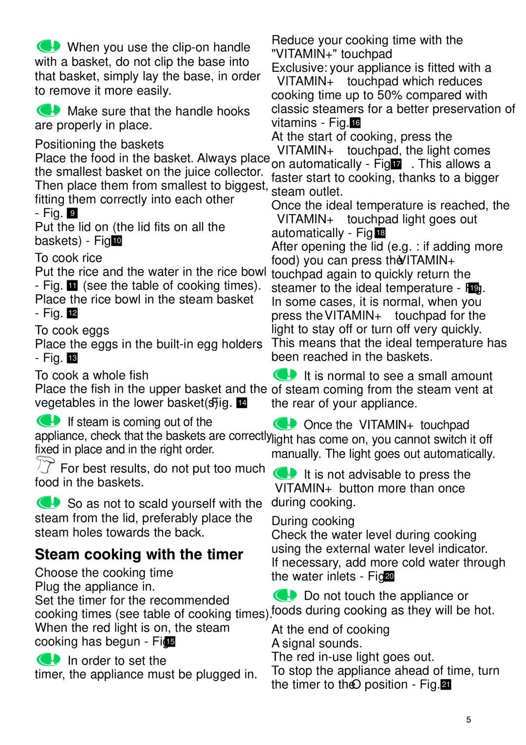 Tefal VC400716, VC400770, VC400715 manual Steam cooking with the timer 