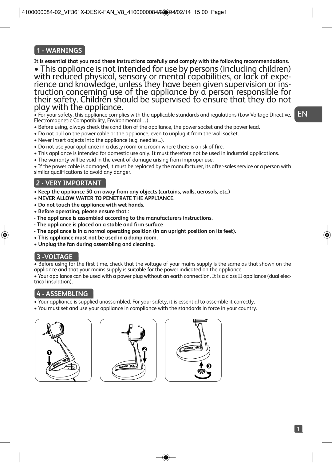 Tefal VF3615Y0, VF3615T0 manual Very Important, Voltage, Assembling, Never Allow Water to Penetrate the Appliance 