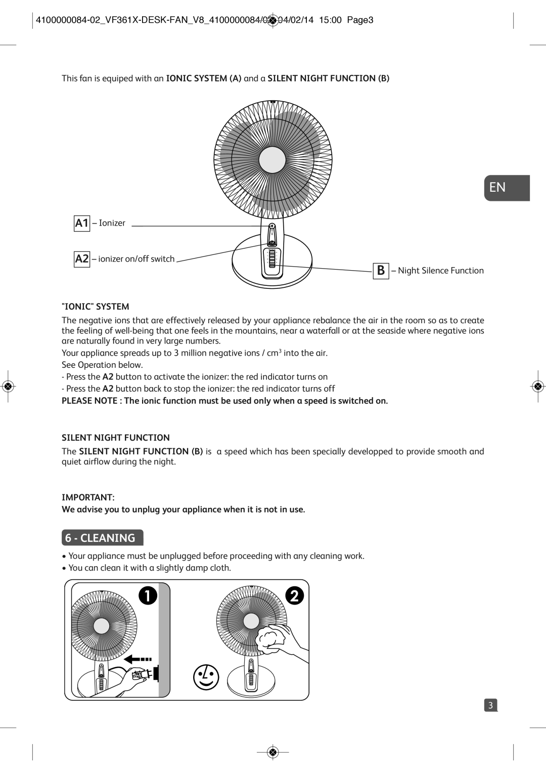 Tefal VF3615Y0, VF3615T0 manual Cleaning, Ionic System, Silent Night Function 