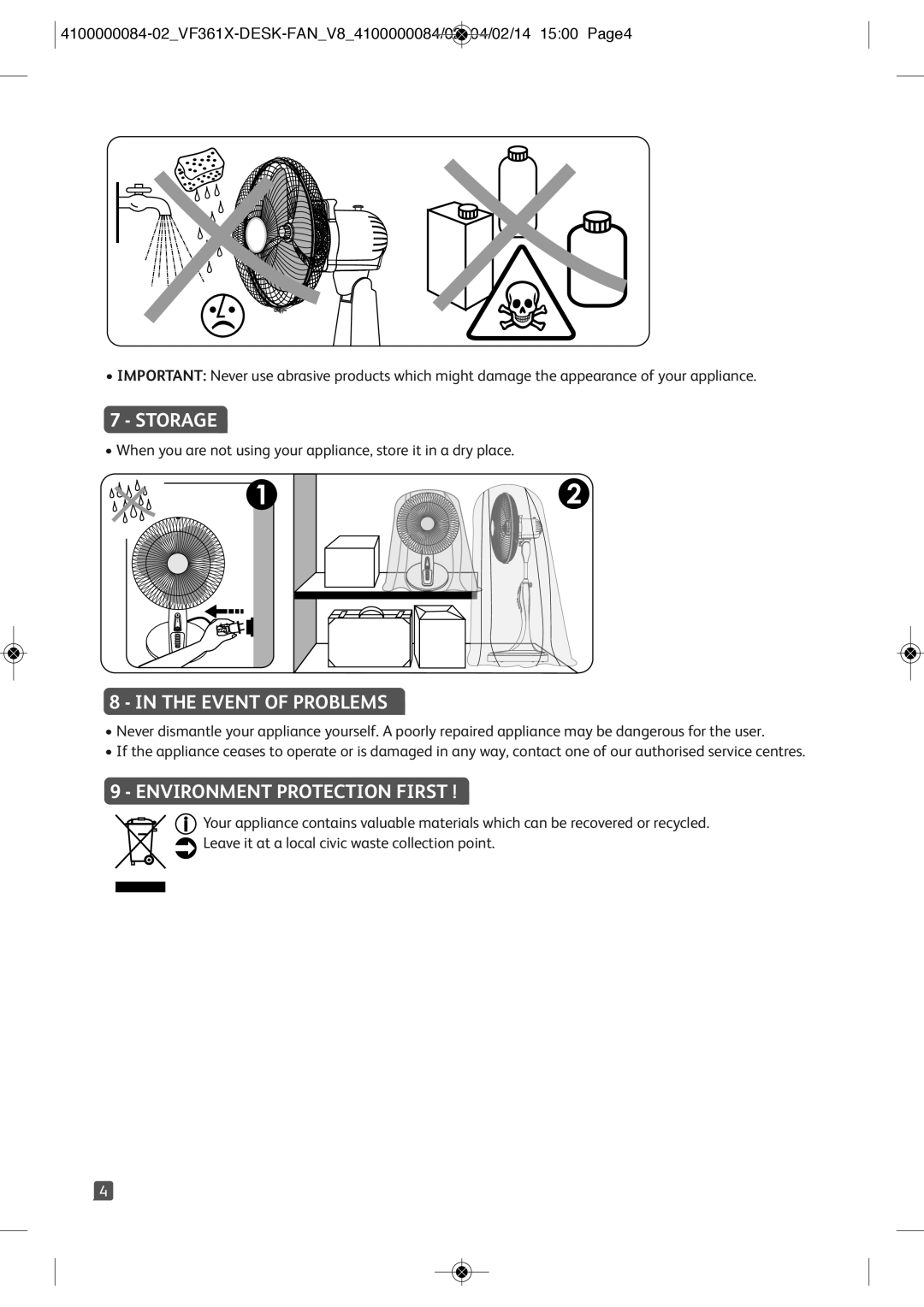 Tefal VF3615T0, VF3615Y0 manual Storage, Event of Problems, Environment Protection First 