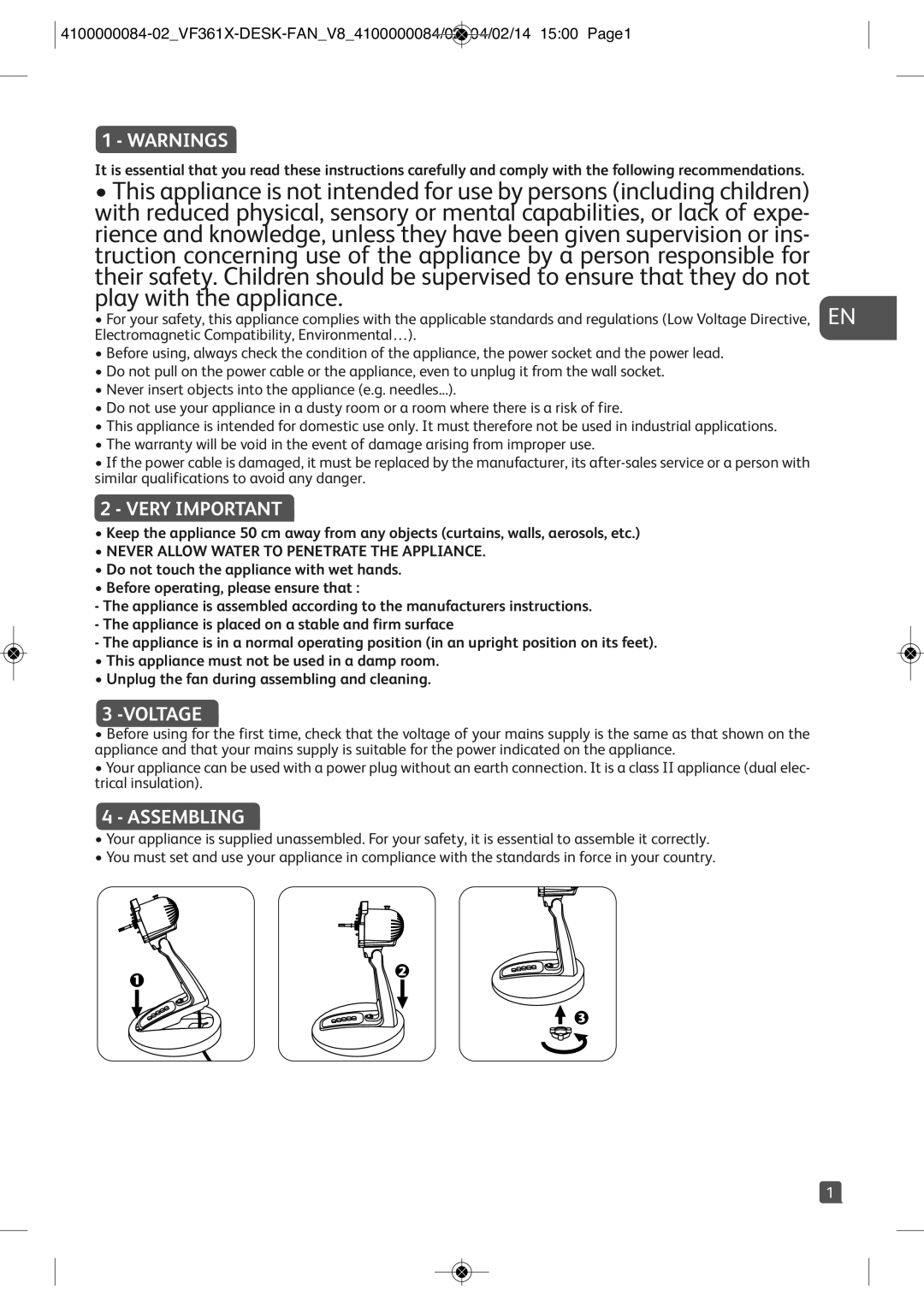 Tefal VF3616T0 manual Very Important, Voltage, Assembling, Never Allow Water to Penetrate the Appliance 