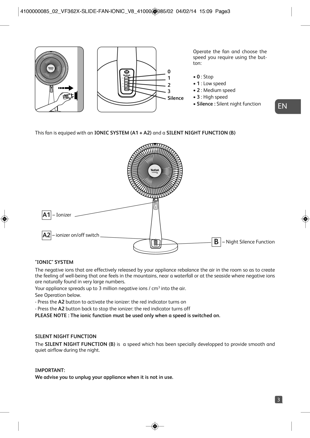 Tefal VF3626T0 manual Ionic System, Silent Night Function 