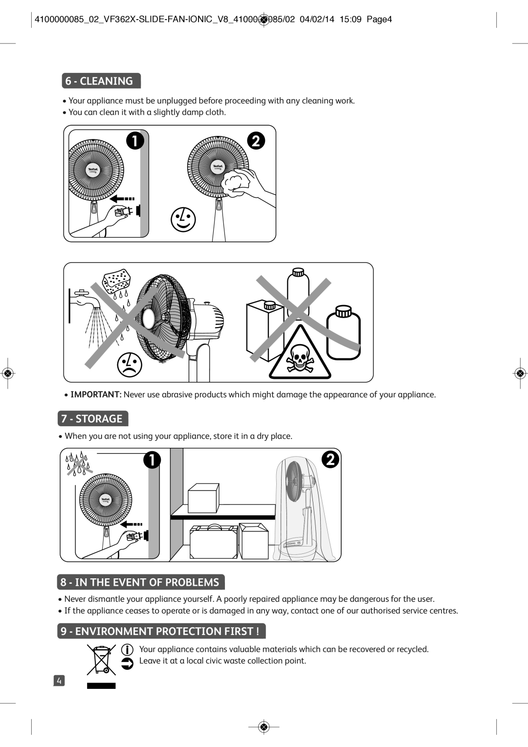 Tefal VF3626T0 manual Cleaning, Storage, Event of Problems, Environment Protection First 