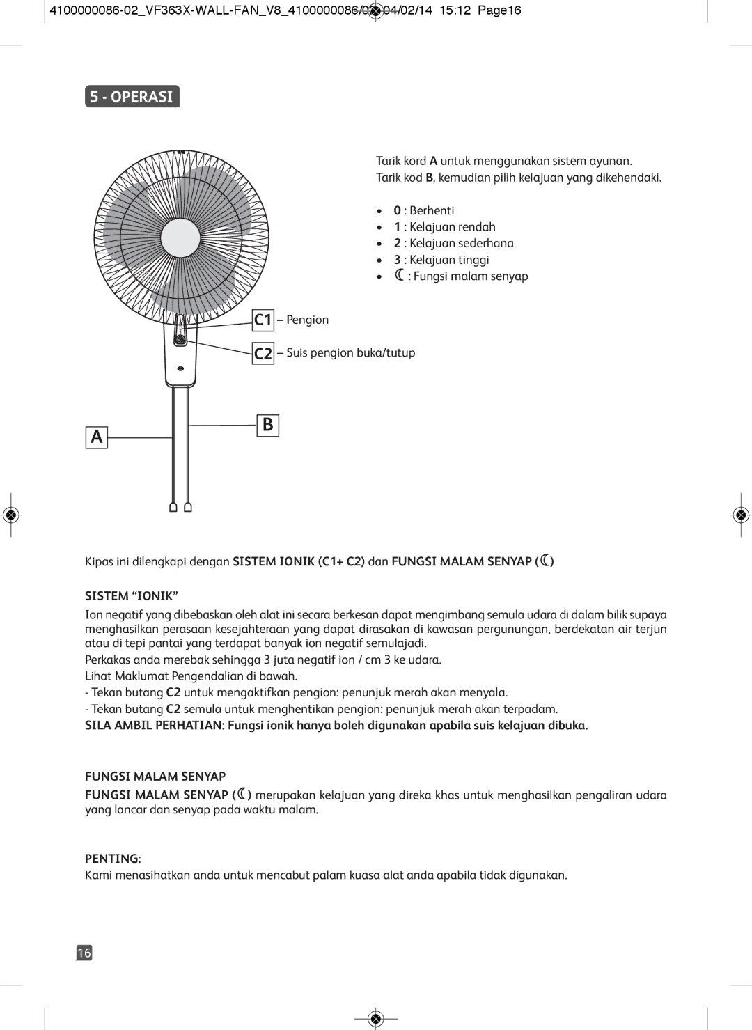 Tefal VF3636T0 manual Operasi, Sistem Ionik, Fungsi Malam Senyap, Penting 