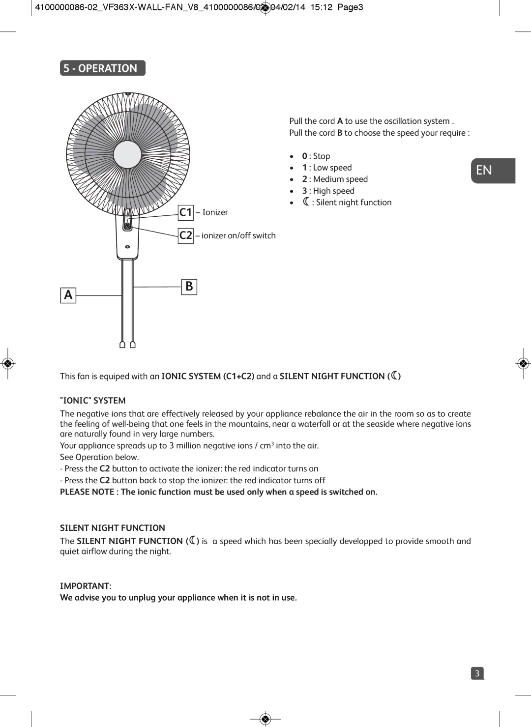 Tefal VF3636T0 manual Operation, Ionic System, Silent Night Function 