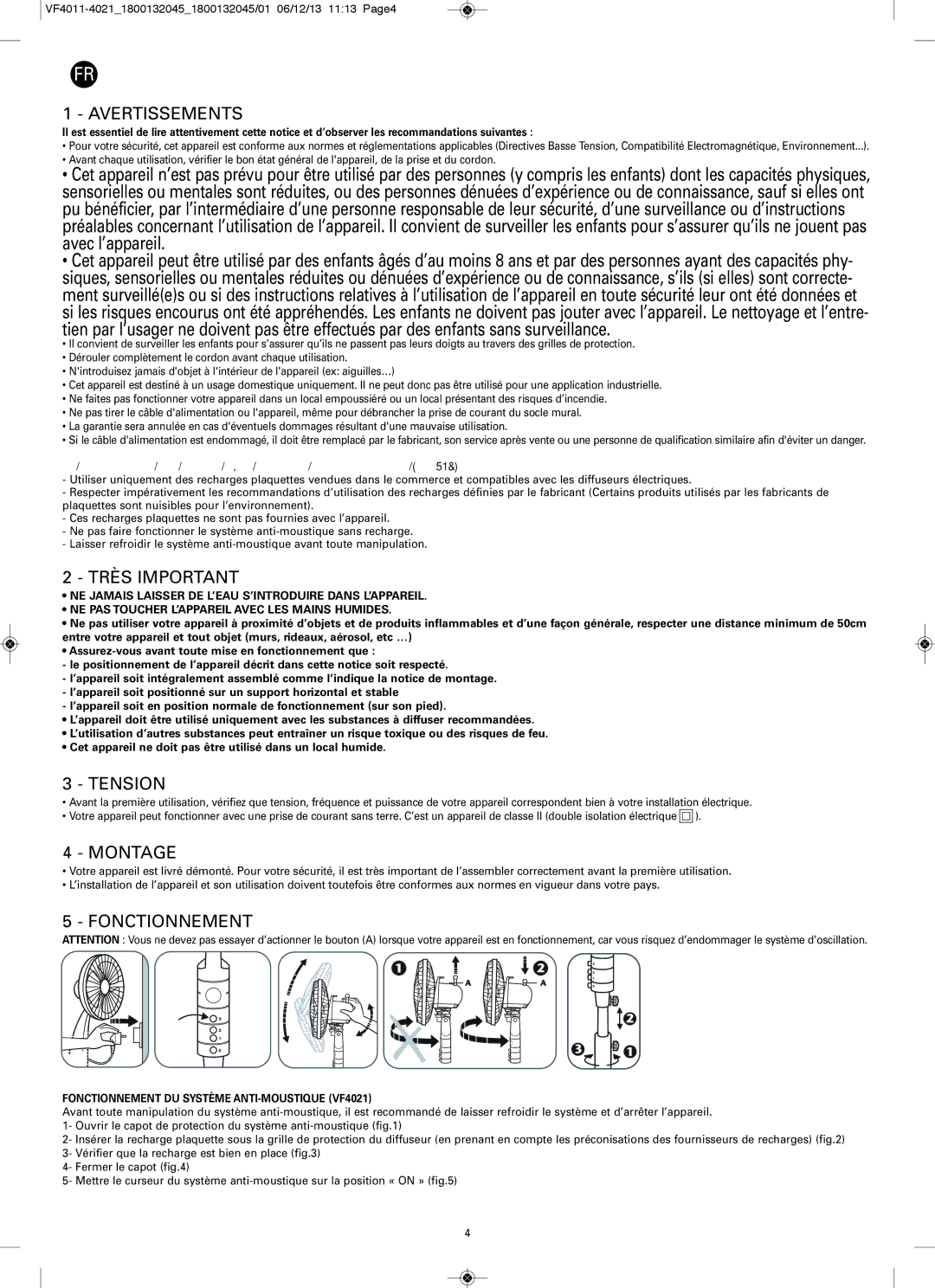 Tefal VF4011F0 manual Avertissements, Très Important, Tension, Montage, Fonctionnement 