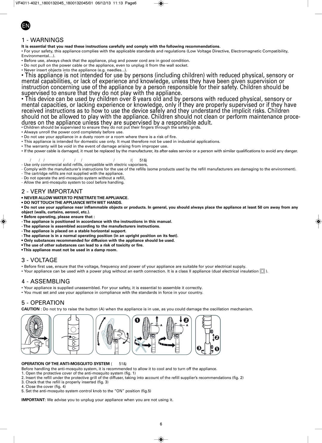 Tefal VF4011F0 manual Very Important, Voltage, Assembling, Operation of the ANTI-MOSQUITO System VF4021 