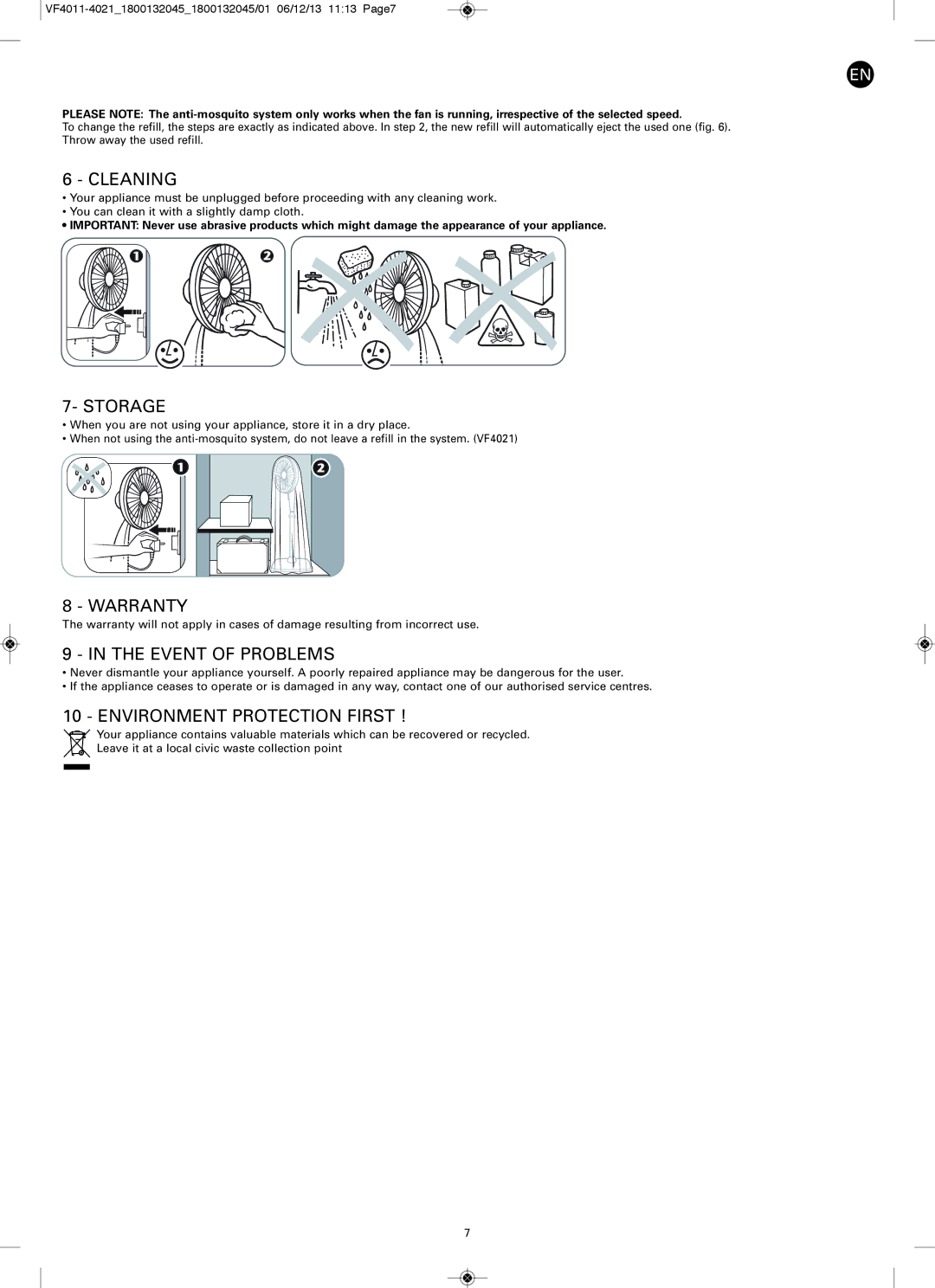 Tefal VF4011F0 manual Cleaning, Storage, Warranty, Event of Problems, Environment Protection First 