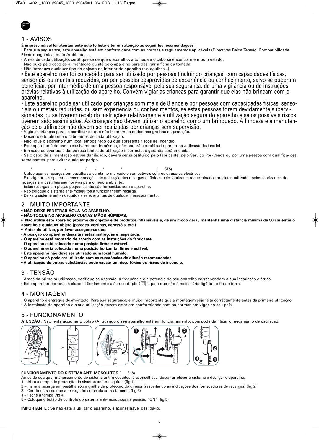 Tefal VF4011F0 manual Avisos, Muito Importante, Tensão, Montagem, Funcionamento 