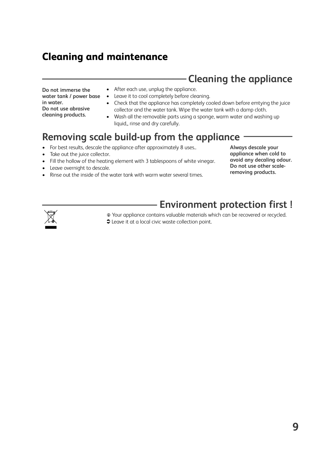 Tefal VS400135, VS400116 Cleaning the appliance, Removing scale build-up from the appliance, Environment protection first 