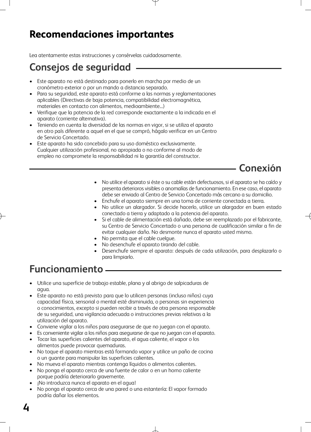 Tefal VS400150, VS400116, VS400133, VS400131, VS400136, VS400151, VS400171 manual Consejos de seguridad, Conexión, Funcionamiento 