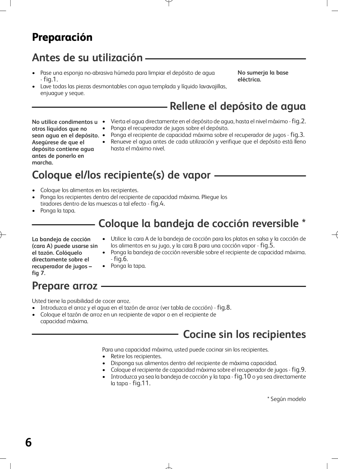 Tefal VS400172 Antes de su utilización, Rellene el depósito de agua, Coloque el/los recipientes de vapor, Prepare arroz 