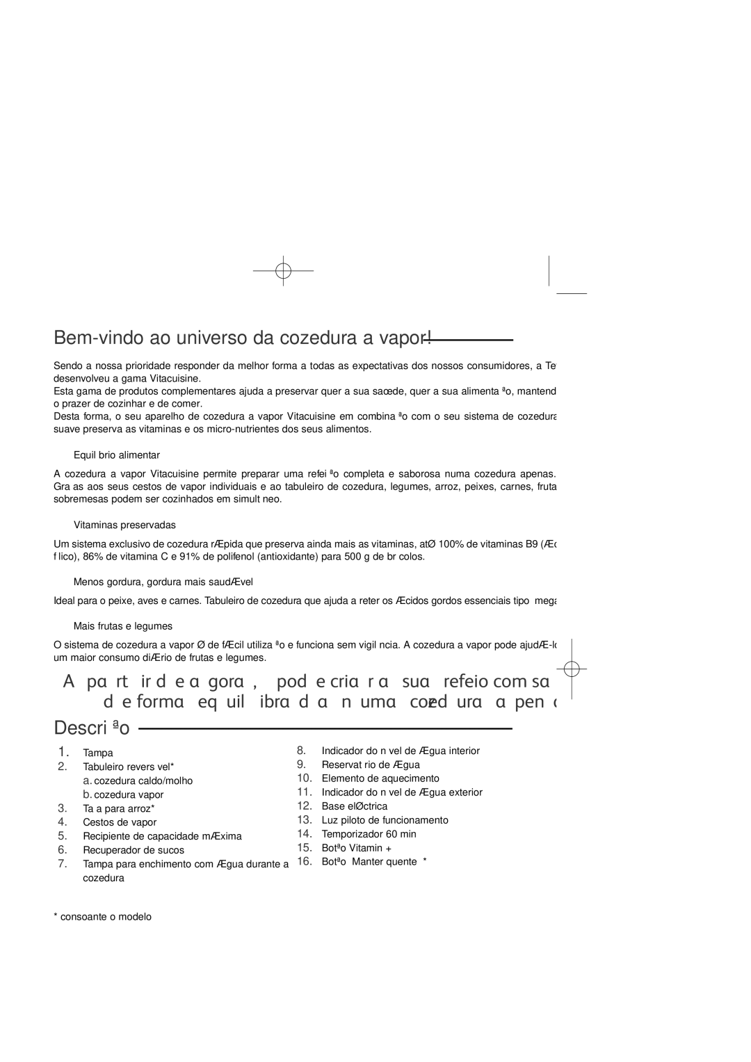 Tefal VS400133, VS400116, VS400131, VS400136, VS400151, VS400150, VS400171 Bem-vindo ao universo da cozedura a vapor, Descrição 