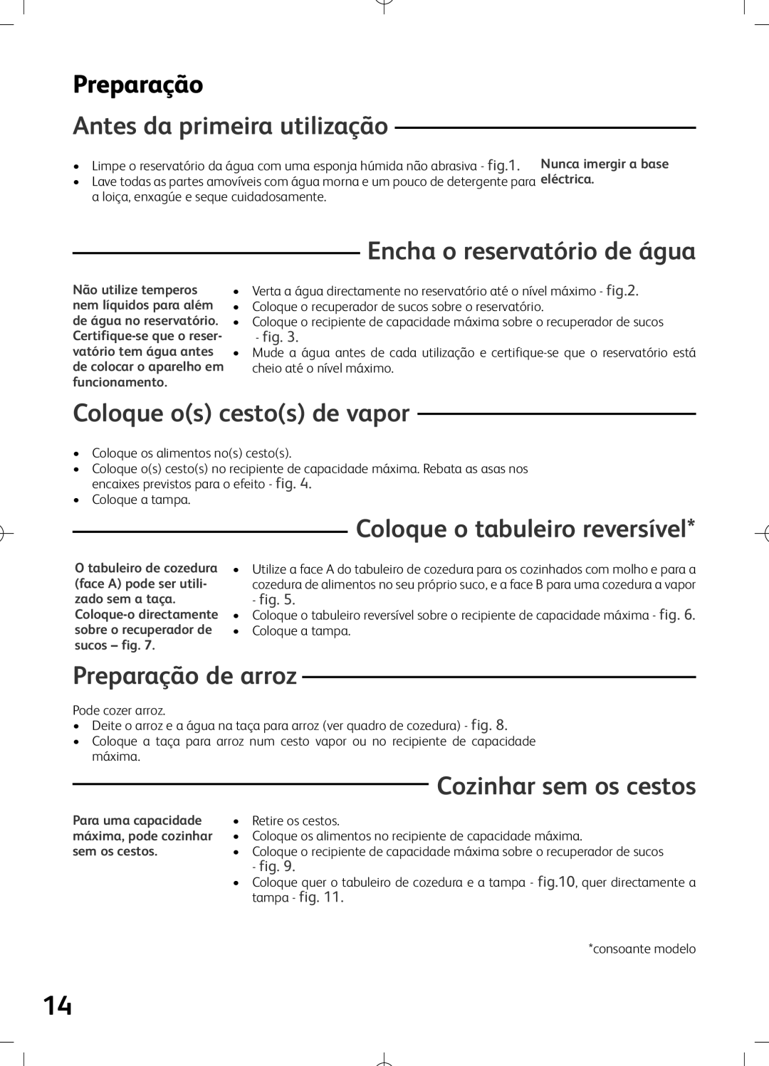 Tefal VS400131 Antes da primeira utilização, Encha o reservatório de água, Coloque os cestos de vapor, Preparação de arroz 