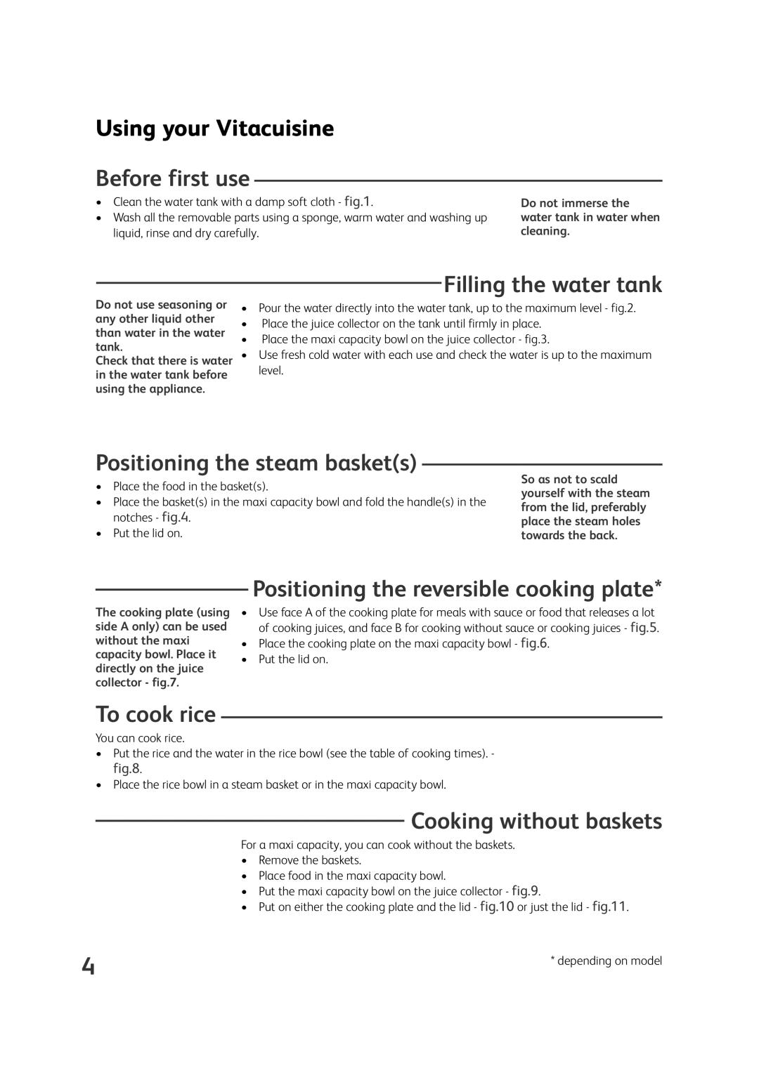 Tefal VS400172, VS400116, VS400133 Before first use, Filling the water tank, Positioning the steam baskets, To cook rice 