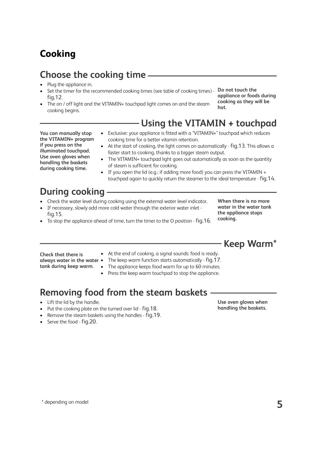 Tefal VS400170, VS400116, VS400133 manual Choose the cooking time, Using the Vitamin + touchpad, During cooking, Keep Warm 