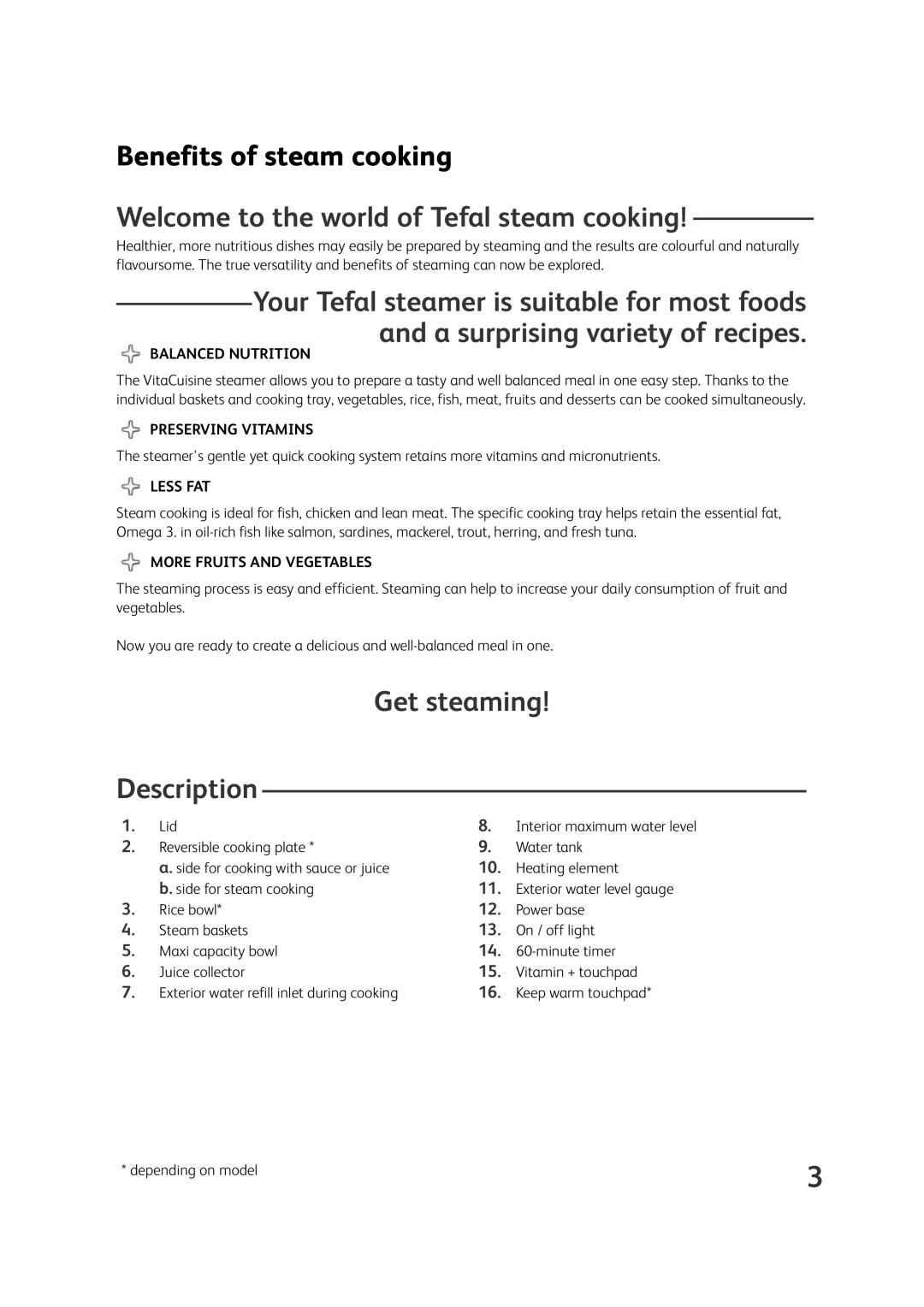Tefal VS400171 Benefits of steam cooking, Welcome to the world of Tefal steam cooking, Get steaming Description, Less Fat 