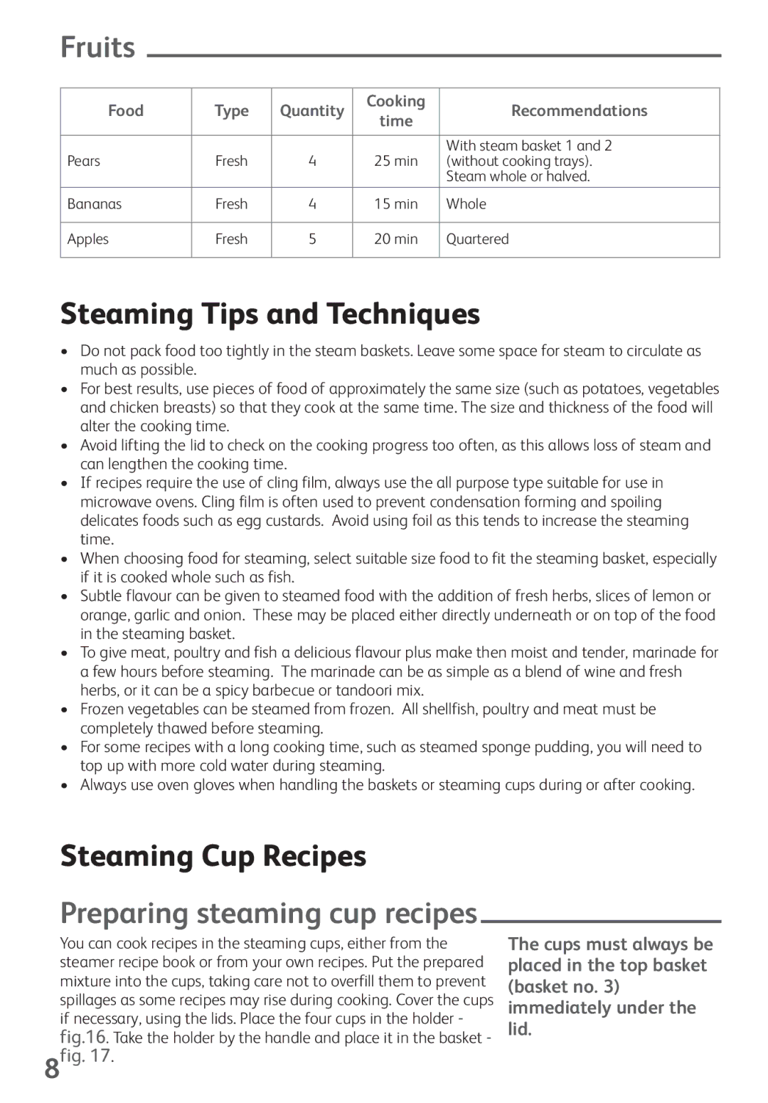 Tefal VS400335, VS400333 manual Fruits, Steaming Tips and Techniques, Steaming Cup Recipes, Preparing steaming cup recipes 