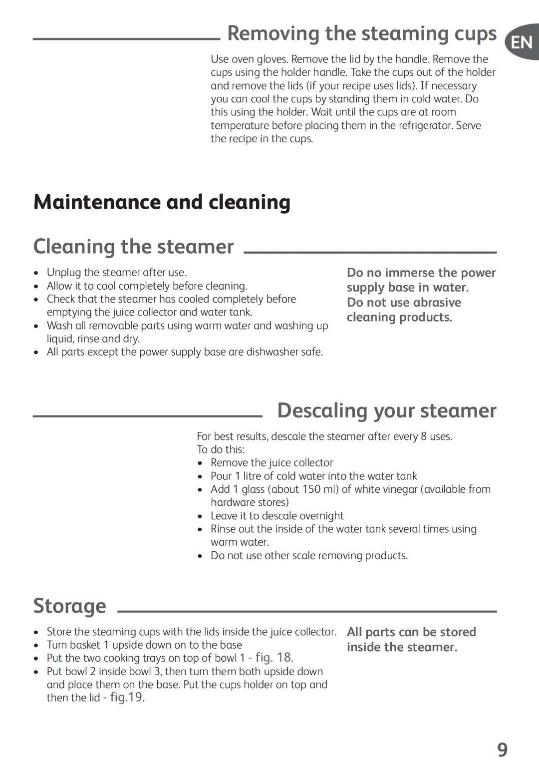 Tefal VS400370 manual Removing the steaming cups EN, Maintenance and cleaning, Cleaning the steamer, Descaling your steamer 