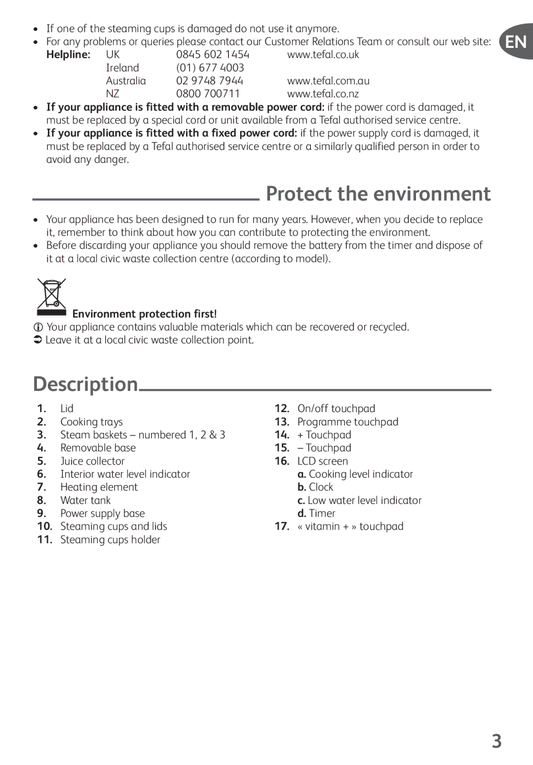 Tefal VS400331, VS400333, VS400334, VS400335, VS400370, VS4003CH, VS400332, VS400330 manual Protect the environment, Description 