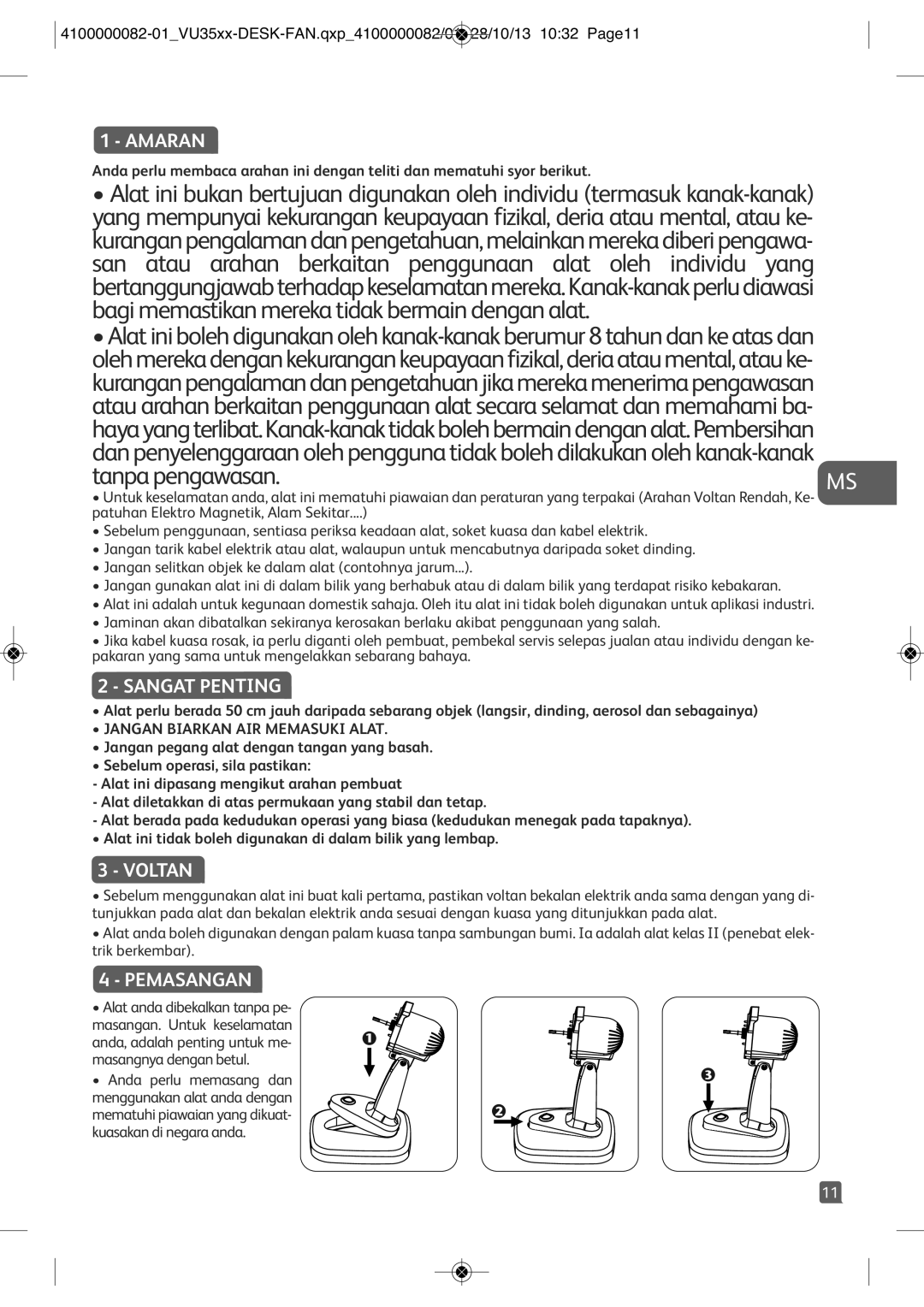 Tefal VU3510T0, VU3510T1, VU3510Y0, VU3510T2, VU3510S1 manual Amaran, Sangat Penting, Voltan, Pemasangan 