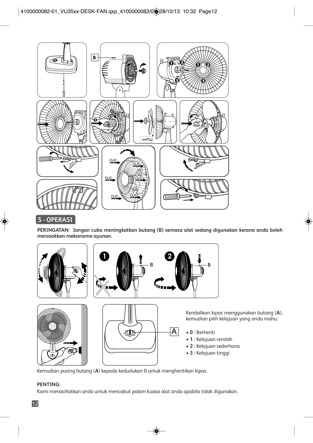 Tefal VU3510S1, VU3510T1, VU3510Y0, VU3510T2, VU3510T0 manual Operasi, Penting 