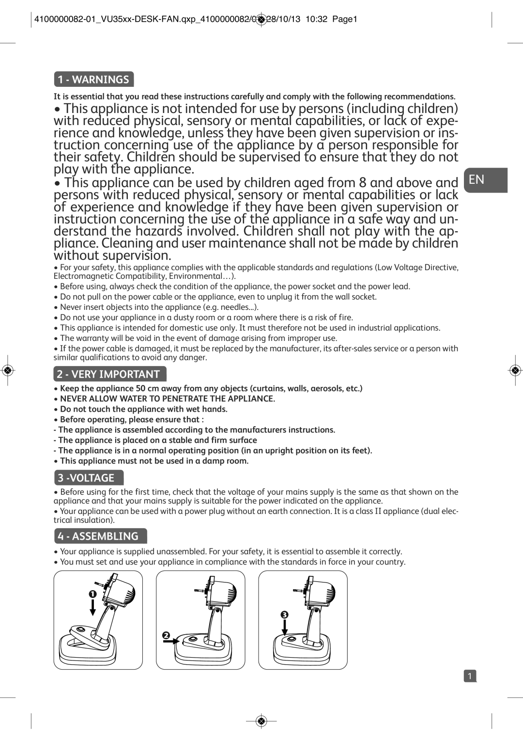 Tefal VU3510T0, VU3510T1, VU3510Y0, VU3510T2, VU3510S1 manual Very Important, Voltage, Assembling 