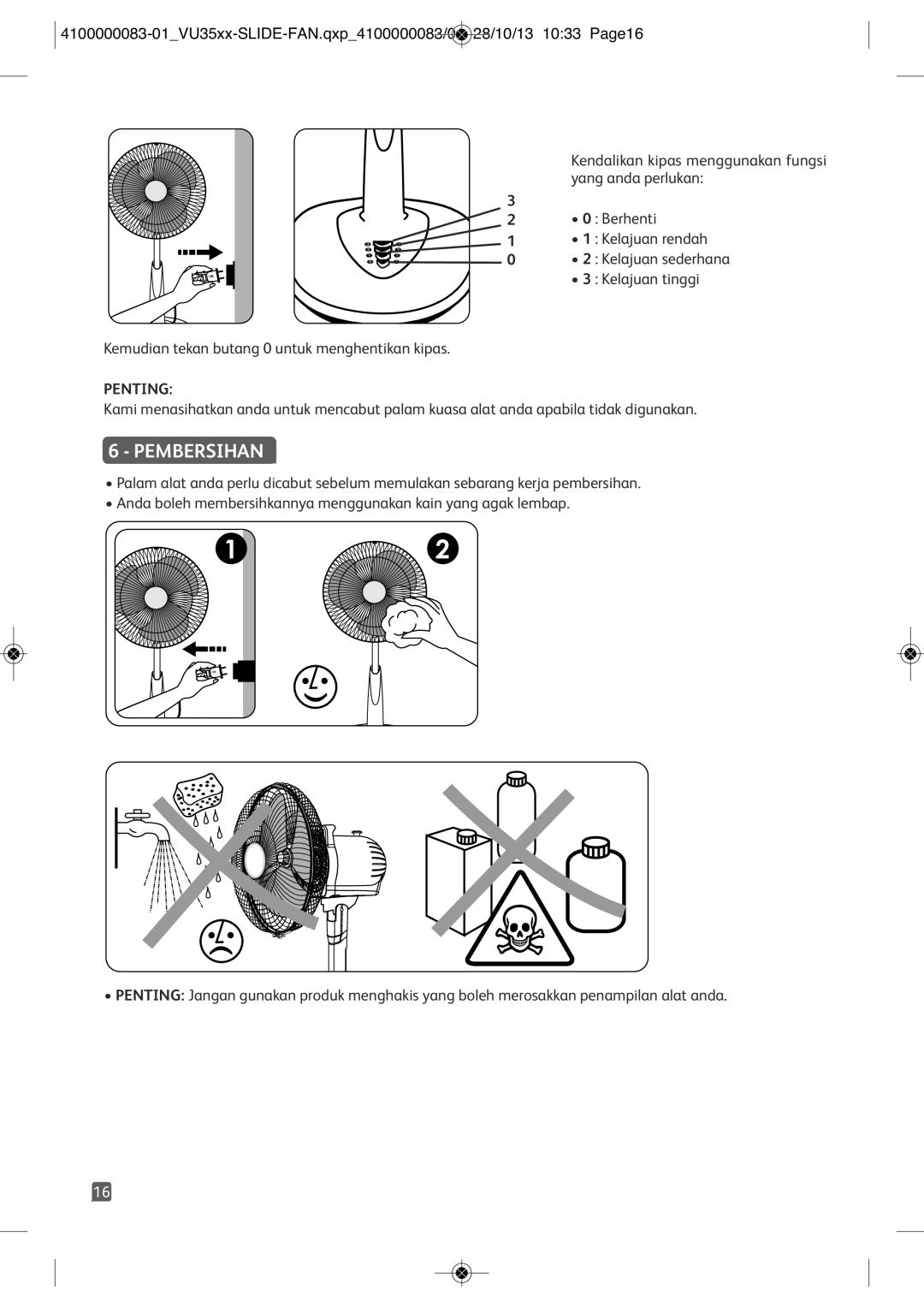 Tefal VU3520T1, VU3520S1, VU3520T0, VU3520T2 manual Pembersihan, Penting 